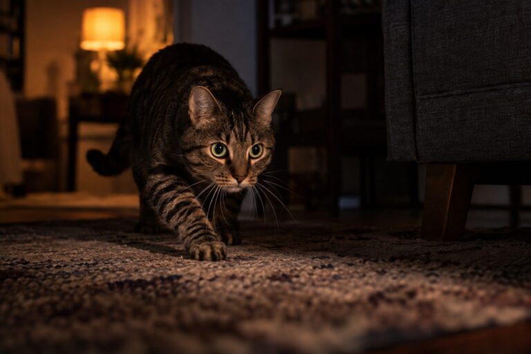 Chat tabby actif la nuit, yeux brillants dans l'obscurité, en train de chasser ou jouer dans un intérieur sombre