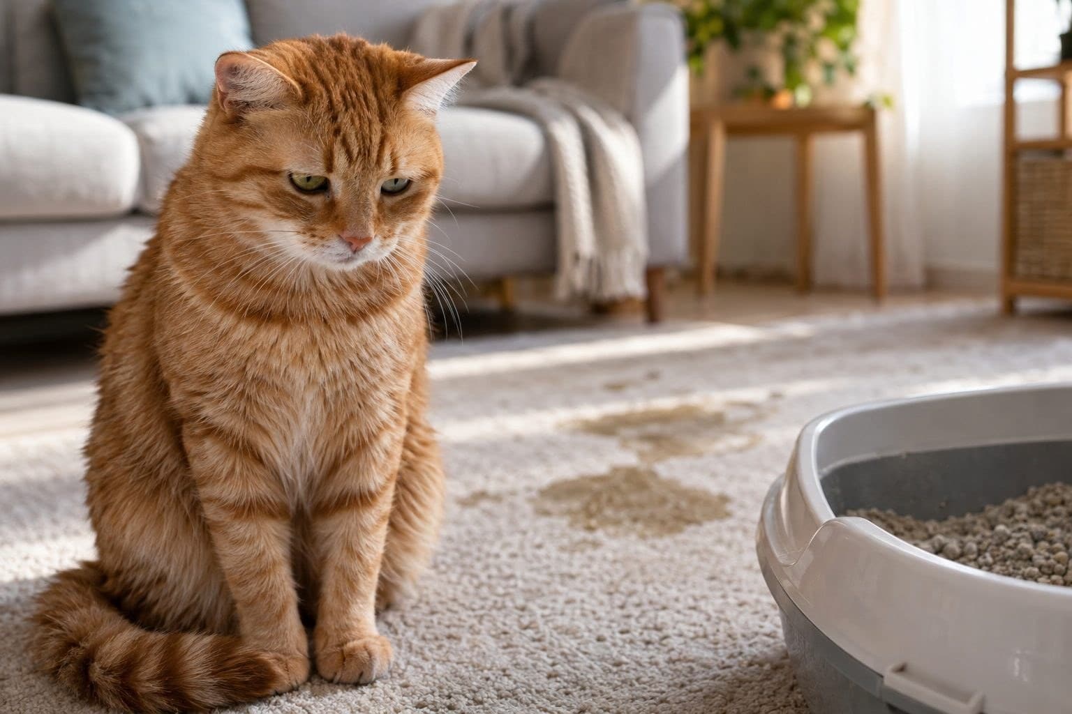 Un chat roux assis à côté d'une litière, détournant le regard, avec des traces d'urine visibles sur un tapis en arrière-plan