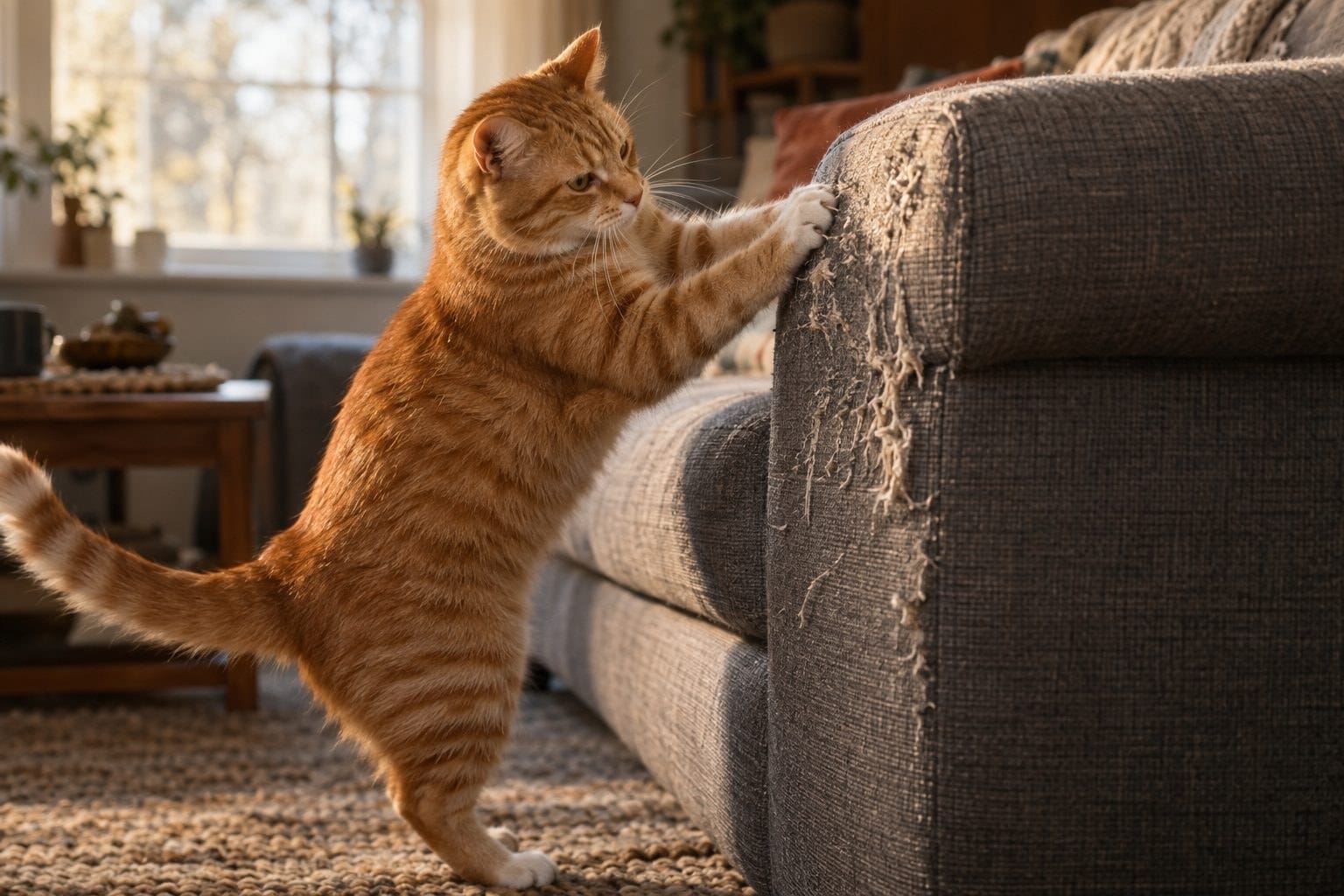 Un chat roux d'intérieur griffant un canapé gris avec ses pattes avant, en fin d'après-midi hivernale