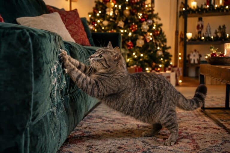 Un chat gris qui fait ses griffes sur un canapé en velours dans un salon décembre avec sapin décoré en arrière-plan