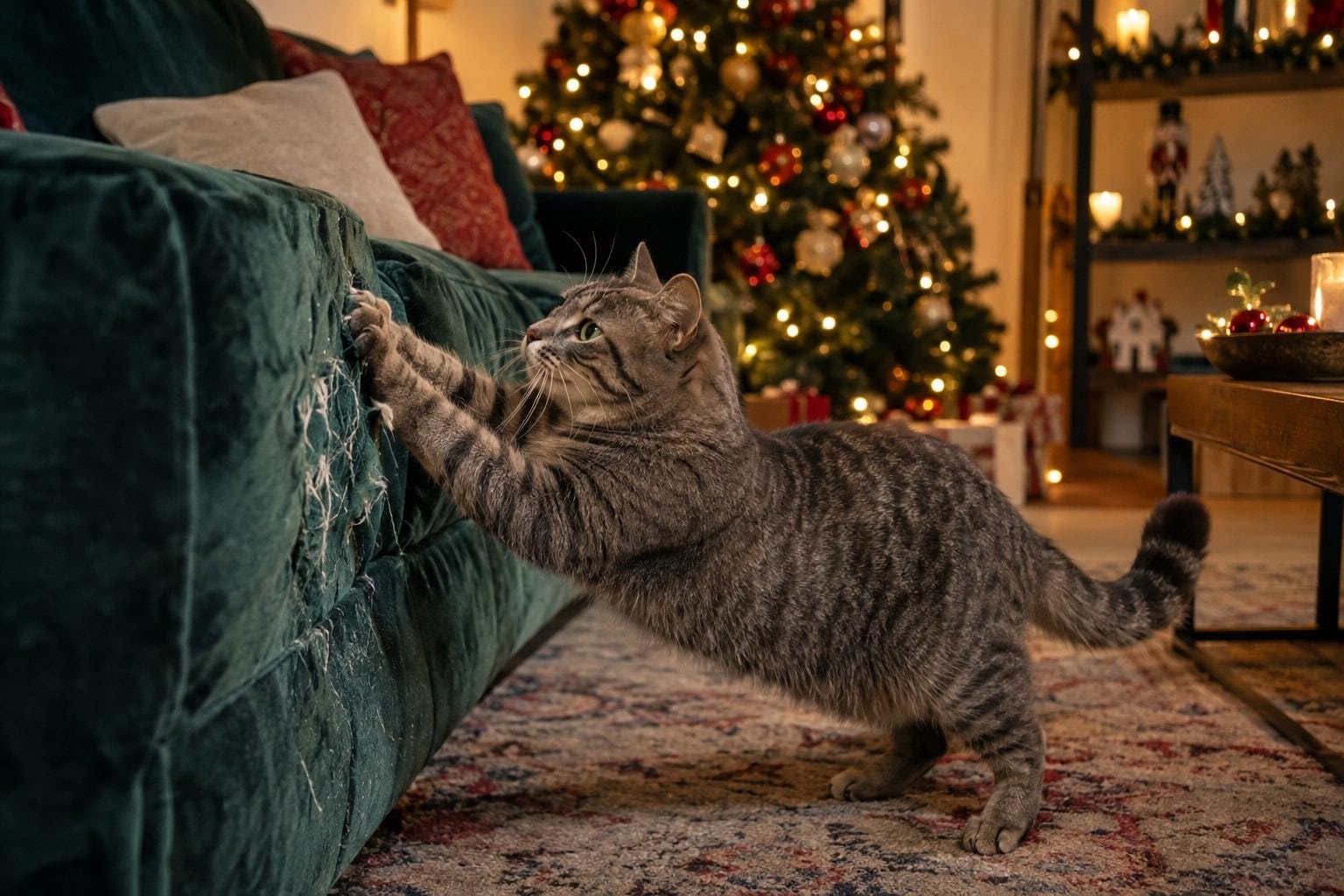 Un chat gris qui fait ses griffes sur un canapé en velours dans un salon décembre avec sapin décoré en arrière-plan
