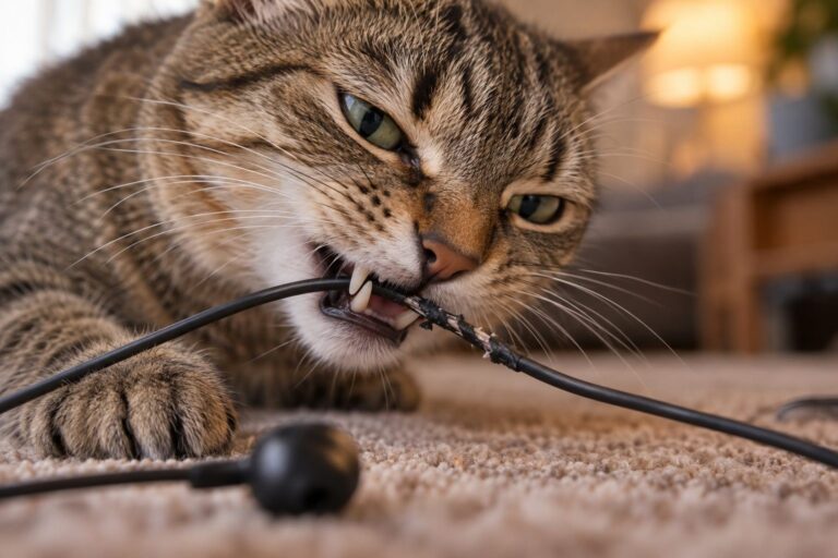 Un chat domestique mordant un câble d'écouteurs noir, avec des traces de dents visibles sur le fil