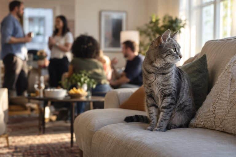 Un chat gris assis seul sur un canapé dans un salon, regardant vers le côté tandis que des silhouettes floues de visiteurs discutent en arrière-plan