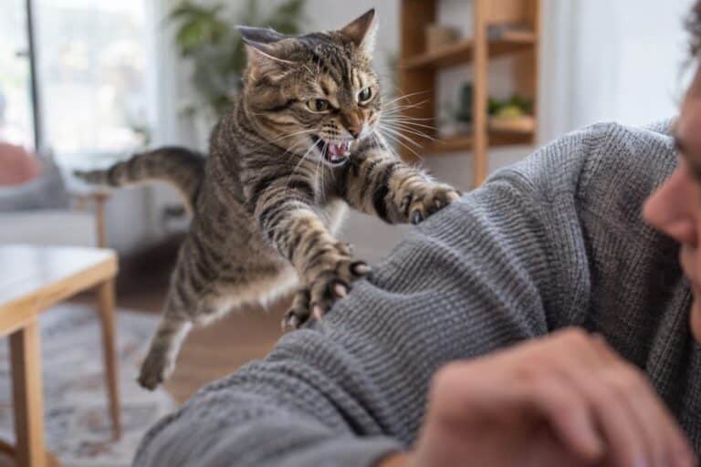Chat domestique agressif sautant sur la main ou l'épaule d'une personne, montrant des signes d'attaque soudaine