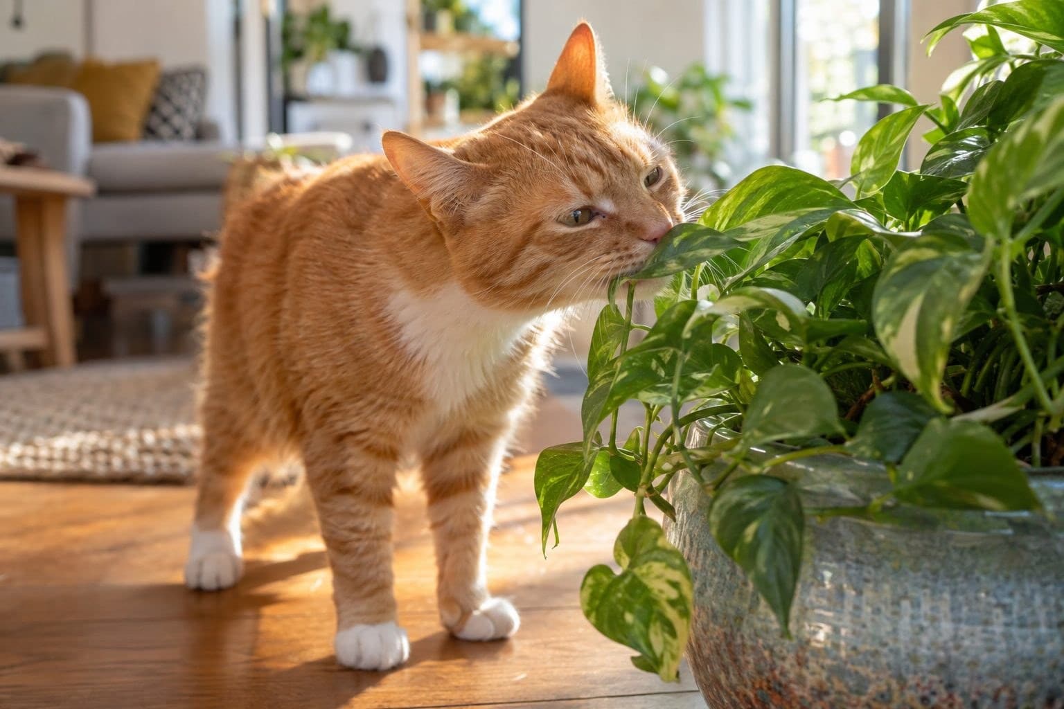 Un chat roux qui grignote ou renifle une plante verte en pot d'intérieur, dans un salon lumineux