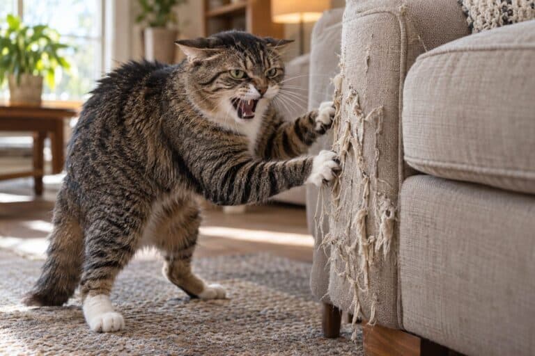 Chat domestique montrant des signes d'agressivité et de malaise dans un intérieur avec canapé endommagé