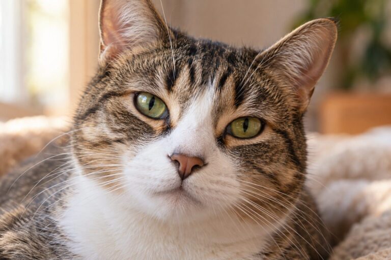 Gros plan du visage d'un chat domestic regardant directement vers l'appareil photo, effectuant un lent clignement des yeux en signe d'affection