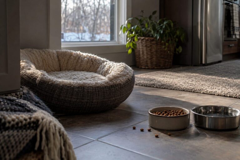 Intérieur d'une maison en novembre avec panier vide de chat, croquettes intactes et silence palpable