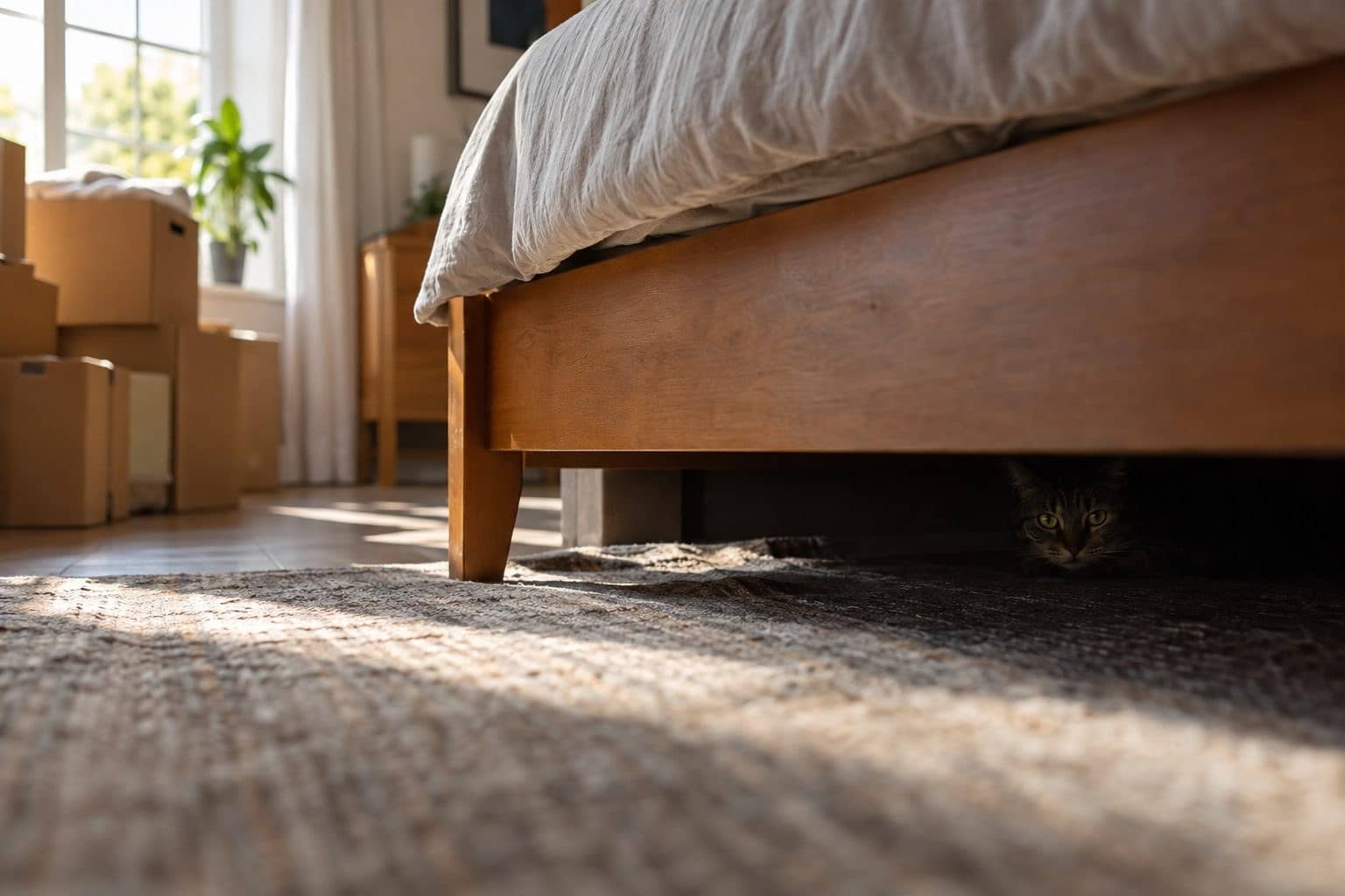 Un chat domestique (Felis catus) caché sous un lit dans un intérieur moderne pendant un déménagement