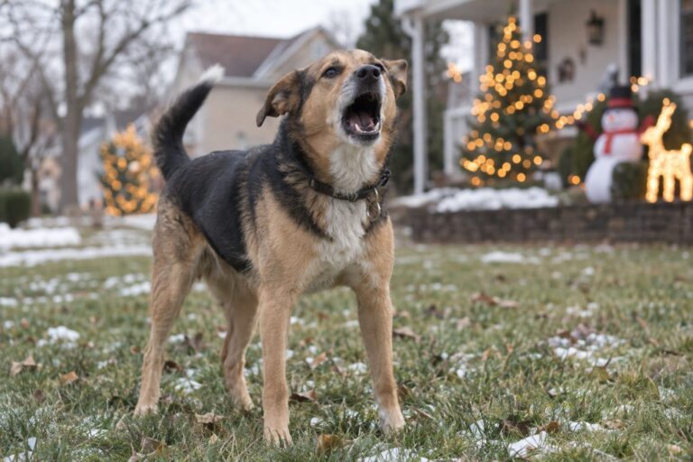 Un chien aboyant dans un jardin en hiver avec décors de Noël visibles en arrière-plan