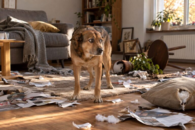 Un chien anxieux seul dans un salon en désordre avec des objets détruits, montrant les signes de l'anxiété de séparation