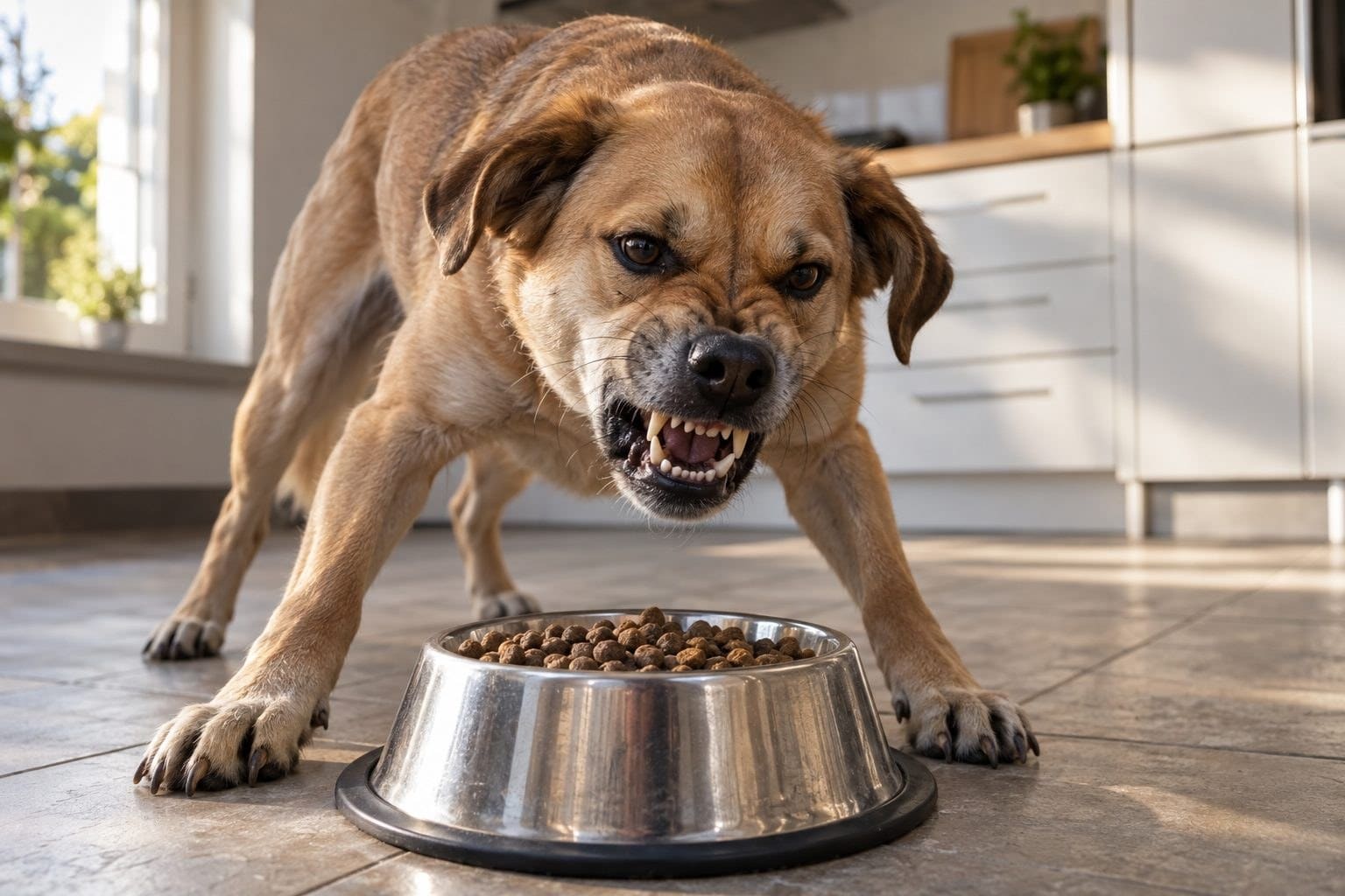 Un chien de race moyenne montrant les dents et grondant agressivement au-dessus de sa gamelle remplie de croquettes, dans une cuisine domestique