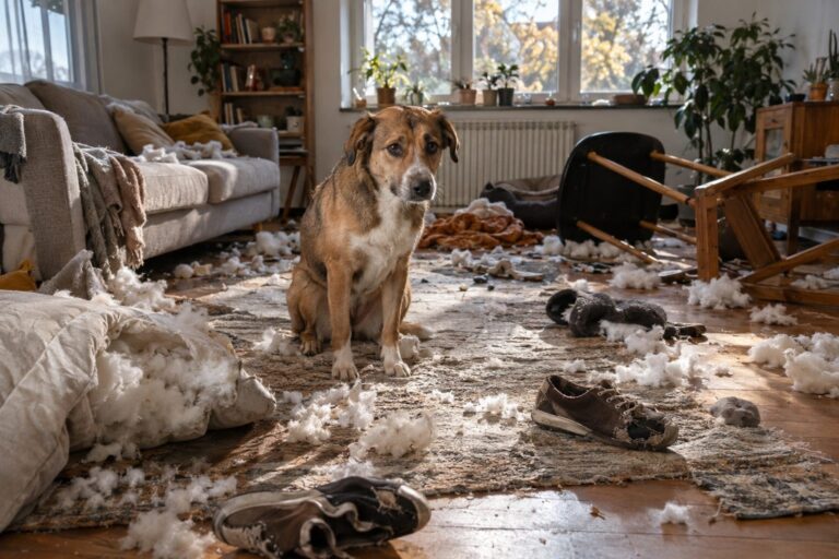 Un chien seul dans un salon en désordre avec coussins déchiquetés et objets éparpillés, montrant les dégâts de l'anxiété de séparation