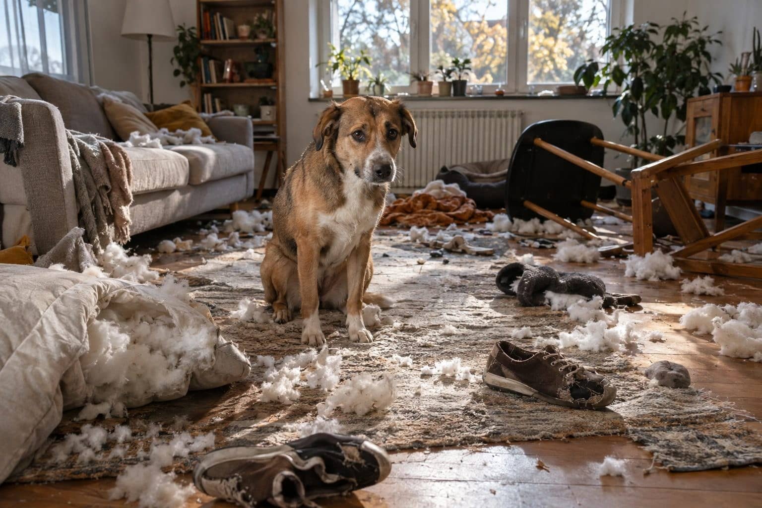Un chien seul dans un salon en désordre avec coussins déchiquetés et objets éparpillés, montrant les dégâts de l'anxiété de séparation
