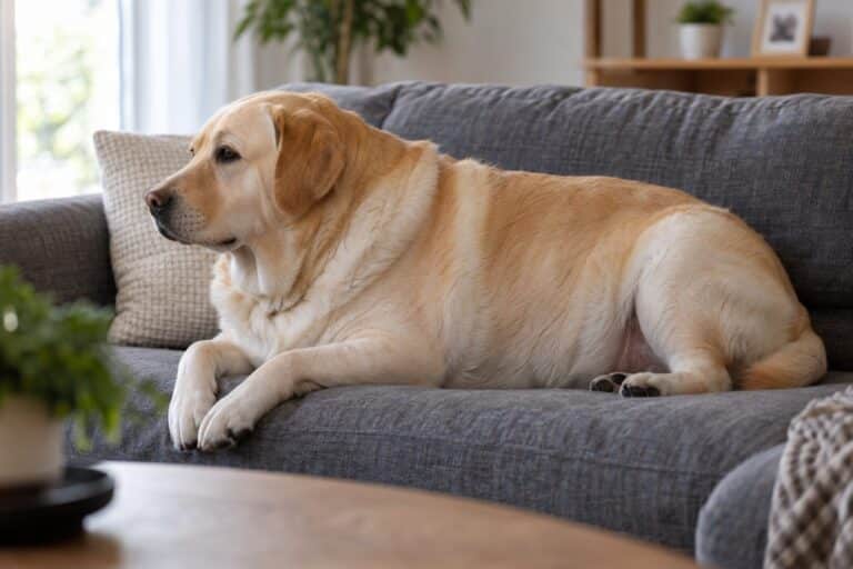 Un chien Labrador en surpoids allongé sur un canapé confortable, vu de profil, montrant clairement son embonpoint