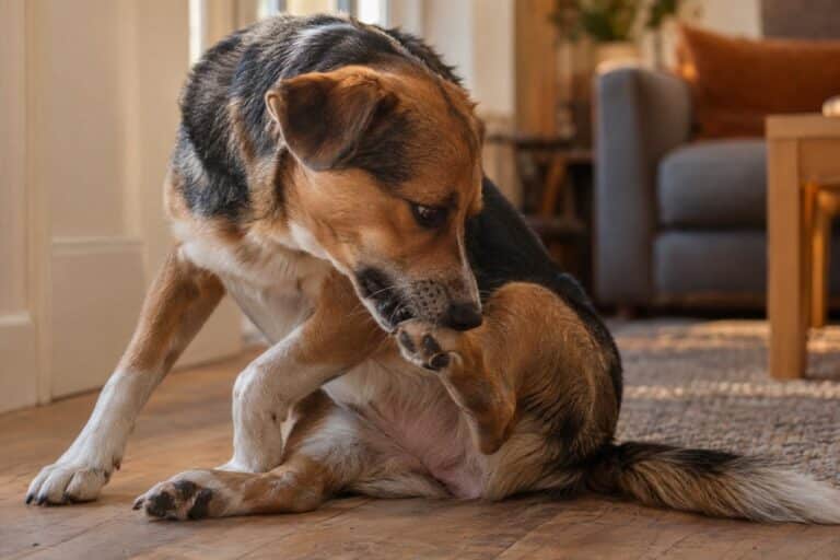 Chien (race mixte) mordillant intensément sa patte arrière dans un coin du salon, vu de profil rapproché