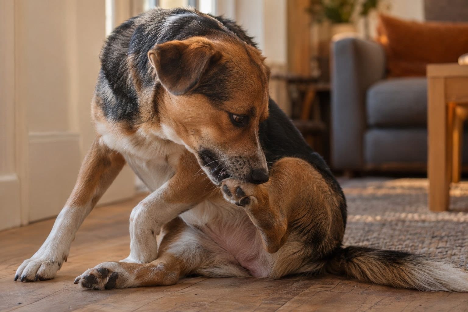 Chien (race mixte) mordillant intensément sa patte arrière dans un coin du salon, vu de profil rapproché