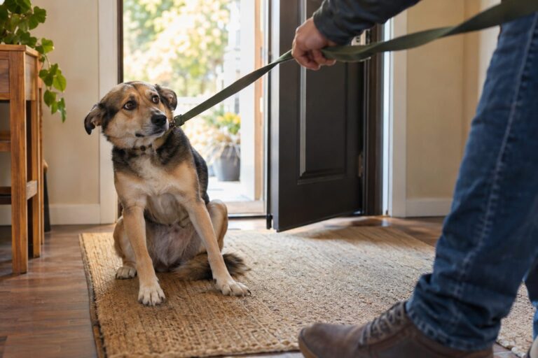 Un chien (race mixte) assis et refusant de sortir, tirant en arrière face à la laisse tenue par son propriétaire à la porte d'entrée