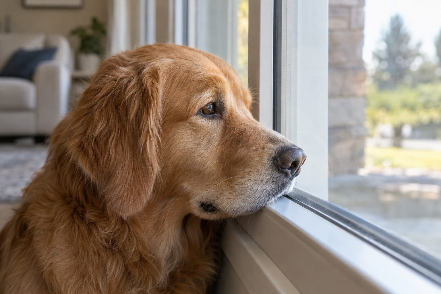 Un chien seul regardant par la fenêtre, attendant le retour de son maître