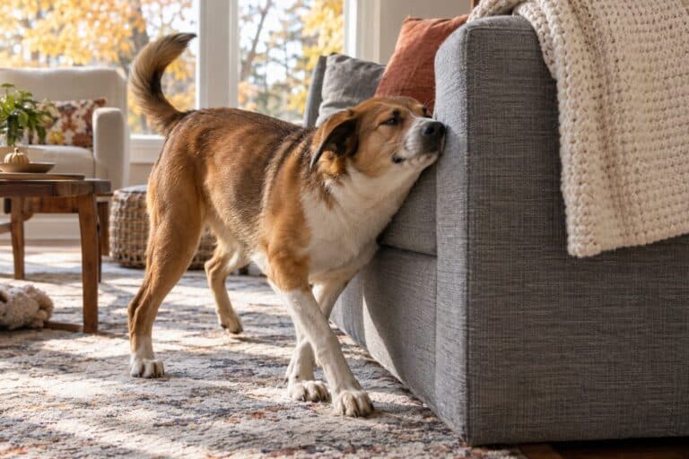 Un chien de taille moyenne en train de se frotter vigoureusement le flanc contre un canapé en tissu gris dans un salon lumineux d'automne