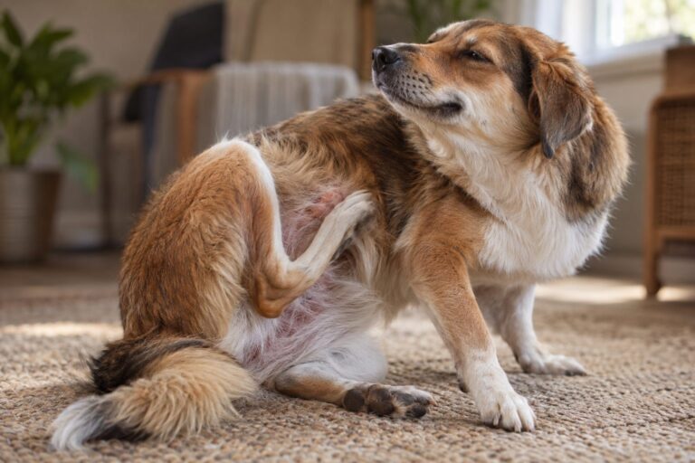 Gros plan d'un chien (race mixte) se grattant intensément le flanc avec sa patte arrière, poil hirsute, en intérieur lumière naturelle