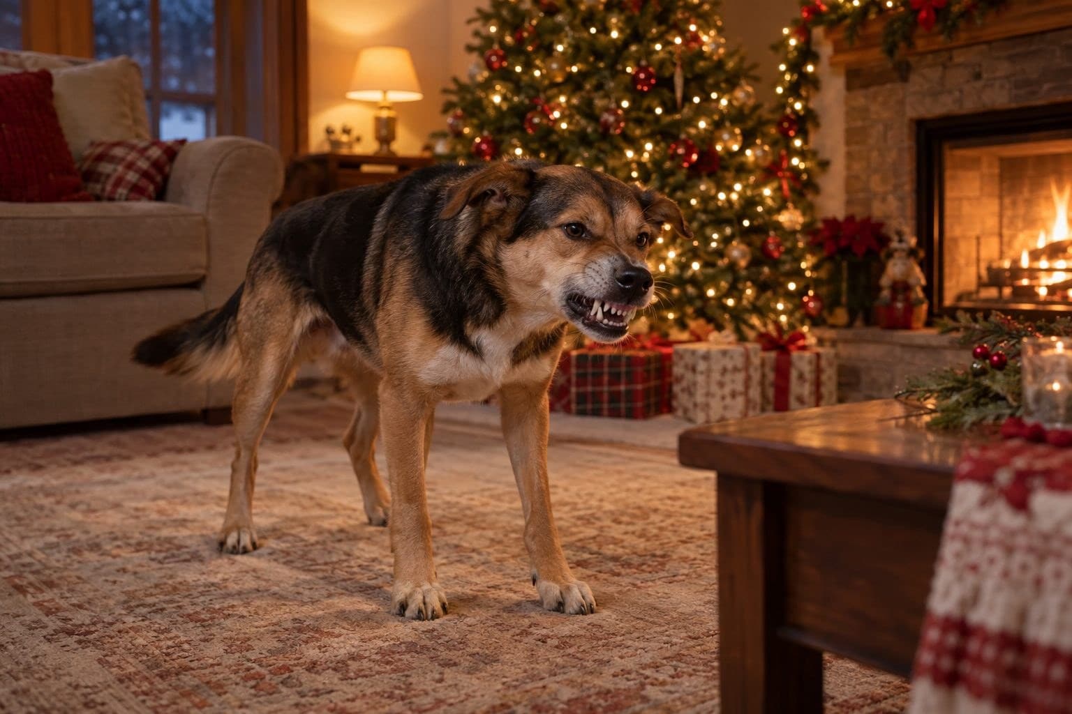 Un chien de race moyenne qui grogne dans un salon familial décorés pour Noël, avec sapin et décorations de fêtes en arrière-plan, ambiance hivernale chaleureuse