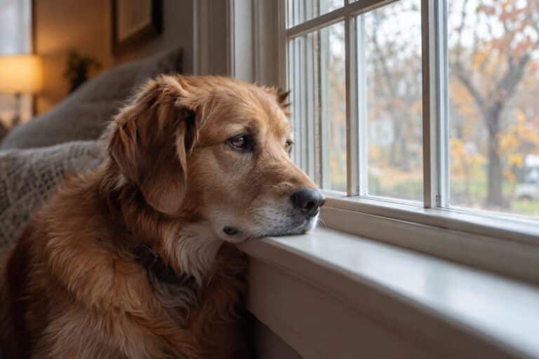 Un chien domestique regardant par la fenêtre avec une expression triste et ennuyée, en attente du retour de son maître