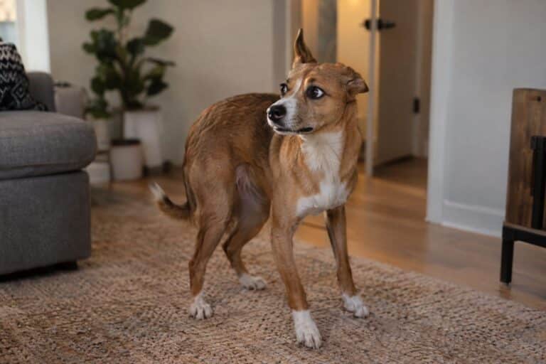 Un chien apeuré sursautant au bruit d'une porte qui claque en intérieur urbain