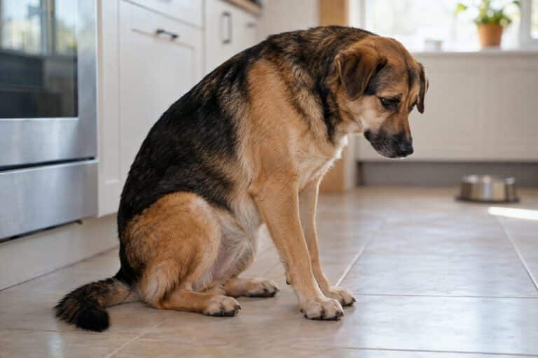 Un chien de taille moyenne, race mixte ou berger, assis de profil sur un carrelage de cuisine, avec une expression d'inconfort abdominal ou de malaise digestif, regardant vers le bas
