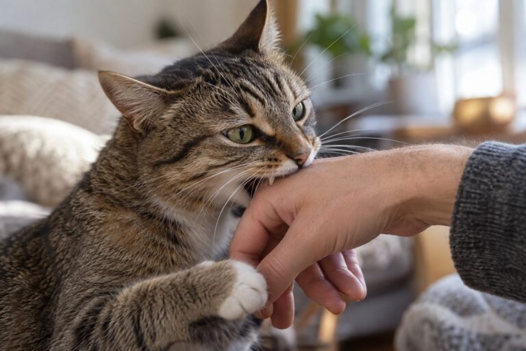 Un chat domestique mordant doucement la main de son propriétaire en gros plan, montrant l'interaction de mordillement