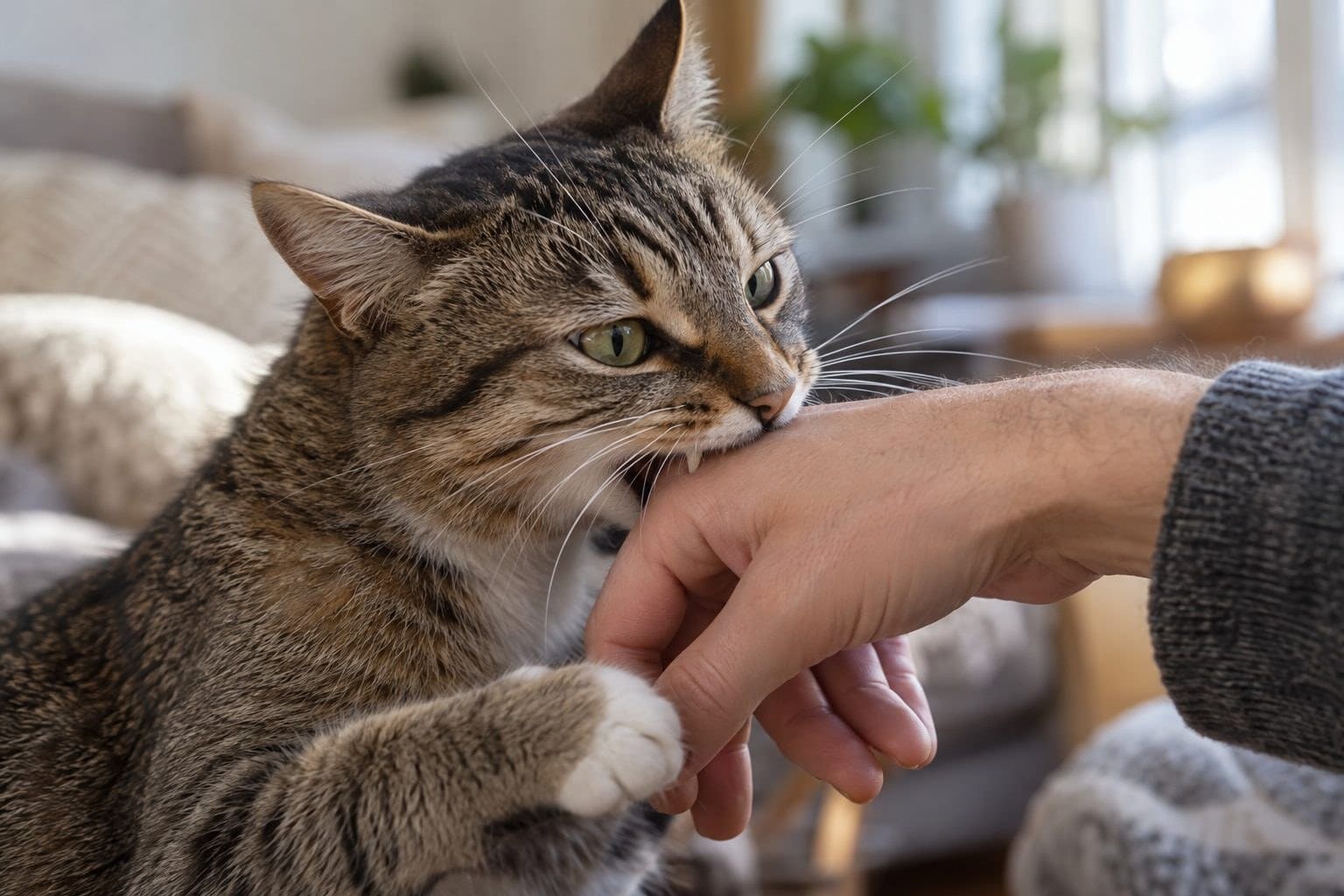 Un chat domestique mordant doucement la main de son propriétaire en gros plan, montrant l'interaction de mordillement