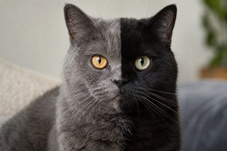 Narnia, British Shorthair au visage bicolore gris et noir parfaitement divisé au milieu
