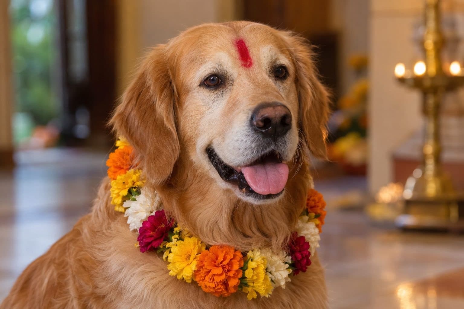 Chien népalais portant une guirlande de fleurs (Malla) et une marque rouge au front lors du festival Kukur Tihar