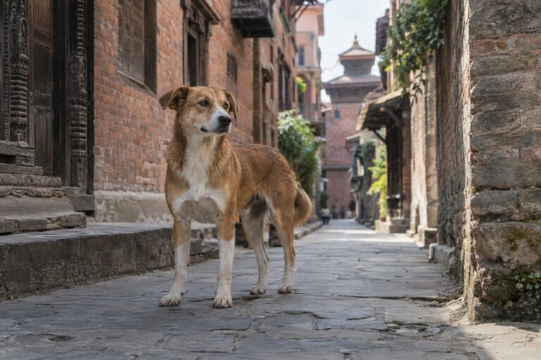 Chien des rues du Népal dans une ruelle de Kathmandu, symbole de la relation respectueuse entre humains et chiens