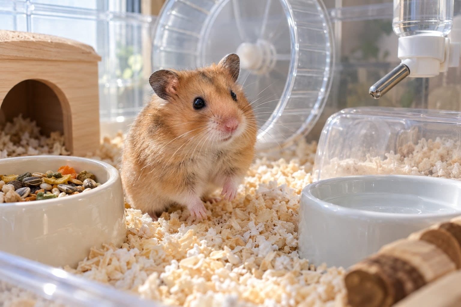 Hamster syrien en gros plan dans sa cage pendant le nettoyage de ses accessoires