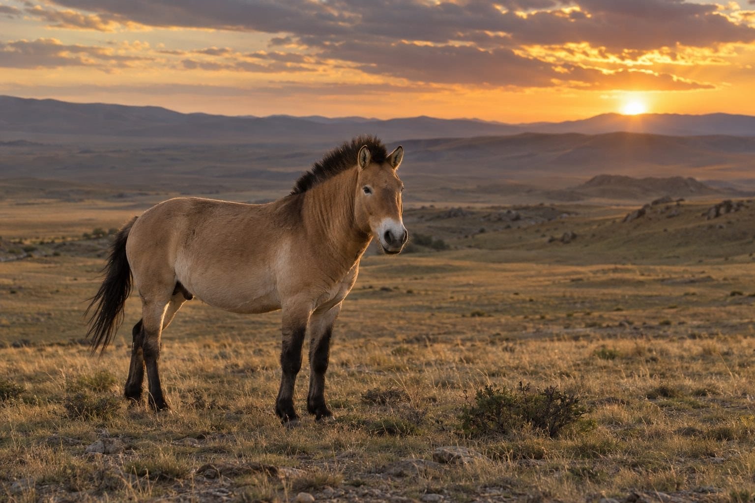 Cheval de Przewalski dans son habitat naturel de steppe mongole