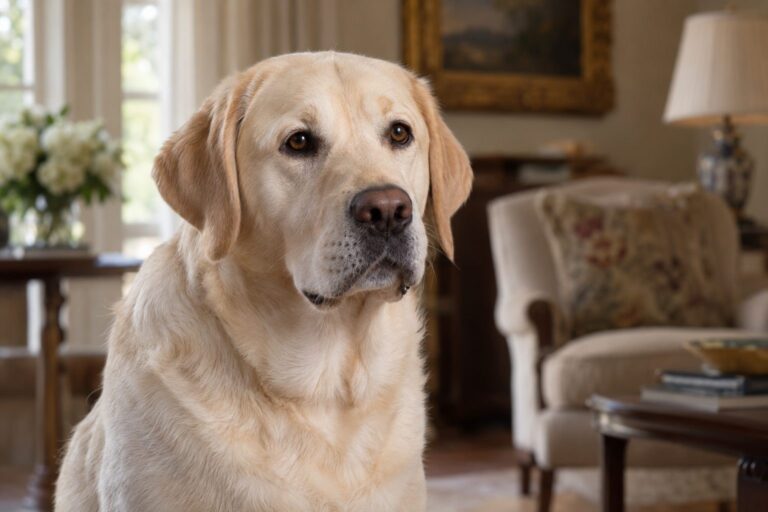 Une chienne Labrador de couleur sable, portrait et comportement en intérieur