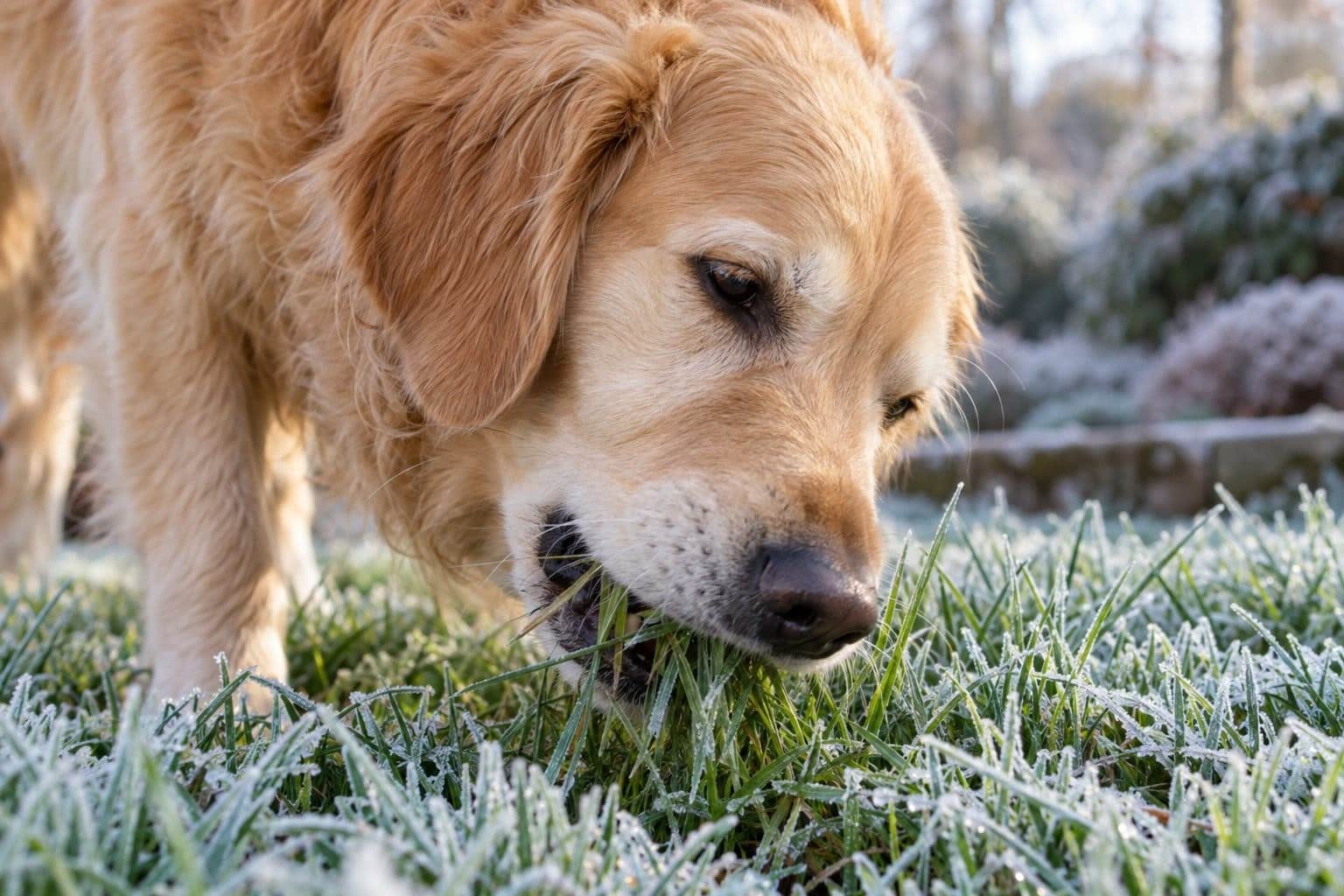 Un chien golden retriever en gros plan mangeant de l'herbe verte dans un jardin en hiver avec du givre