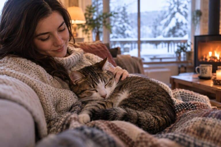 Chat domestique en intérieur cozy pendant l'hiver, cherchant du confort près d'un humain