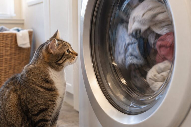 Un chat domestique assis de face devant un lave-linge en fonctionnement, observant intensément le tambour à travers le hublot, captivé par le spectacle des vêtements qui tournent