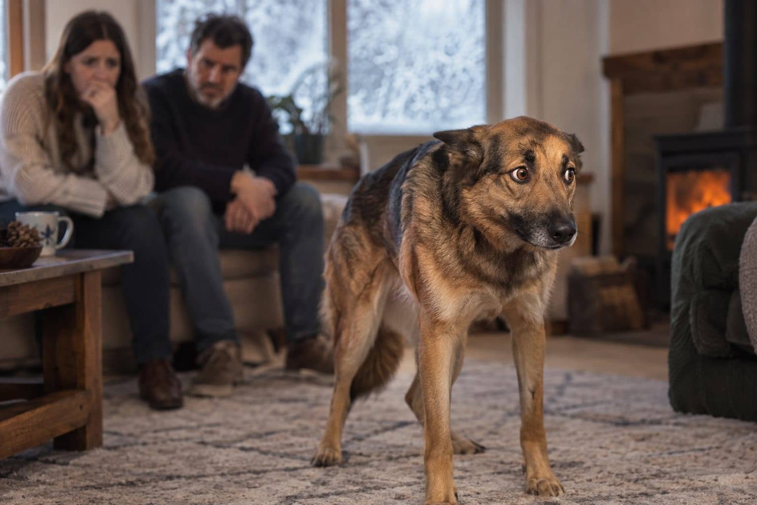 Un chien de race moyenne montrant des signes d'agressivité ou de stress (oreilles en arrière, posture tendue) face à sa famille dans un salon d'hiver, illustrant le moment critique où l'aide devient nécessaire