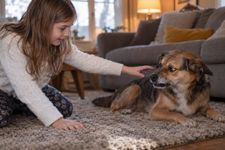 Un enfant et un chien en tension dans un salon moderne, l'enfant s'approchant trop près du museau du chien qui montre des signes d'inconfort