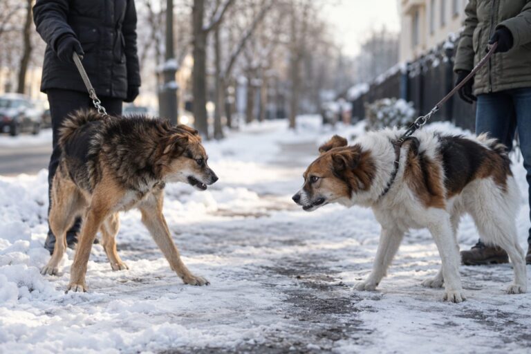 Deux chiens en laisse qui se rencontrent sur un trottoir enneigé en hiver, montrant une interaction tendue