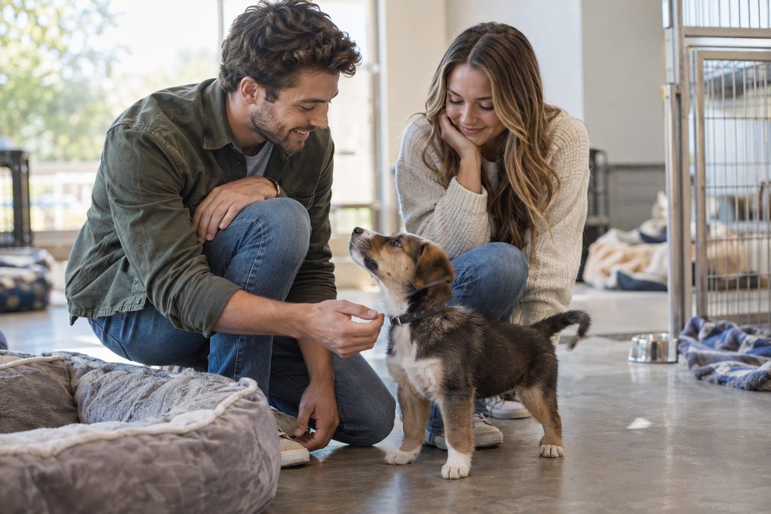 Un jeune couple souriant découvrant son premier chiot en refuge ou chez un éleveur, moment de doute et de réflexion avant la décision