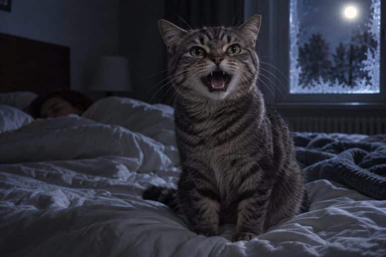 Un chat gris tabby assis sur un lit la nuit, miaulant désespérément en direction de son propriétaire endormi