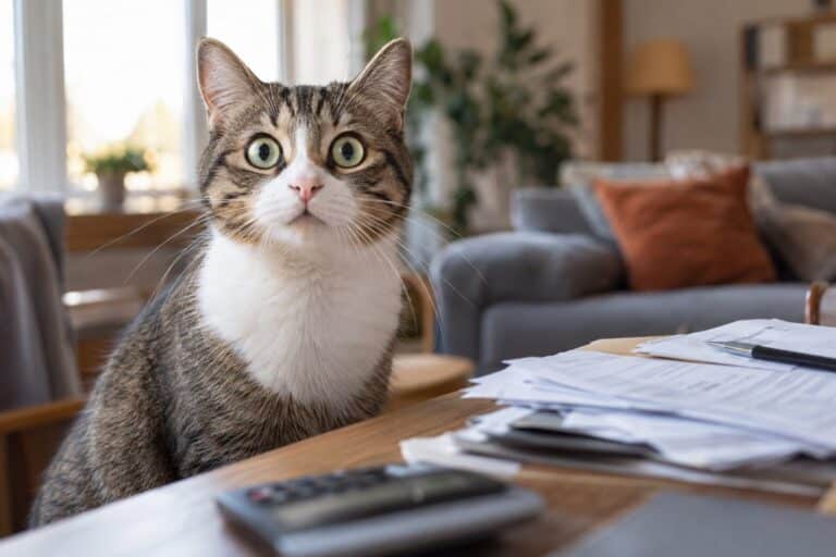 Un chat domestique (Felis catus) surpris regardant vers l'appareil photo, dans un intérieur moderne avec documents administratifs flous en arrière-plan, illustrant la confusion face aux nouvelles obligations légales