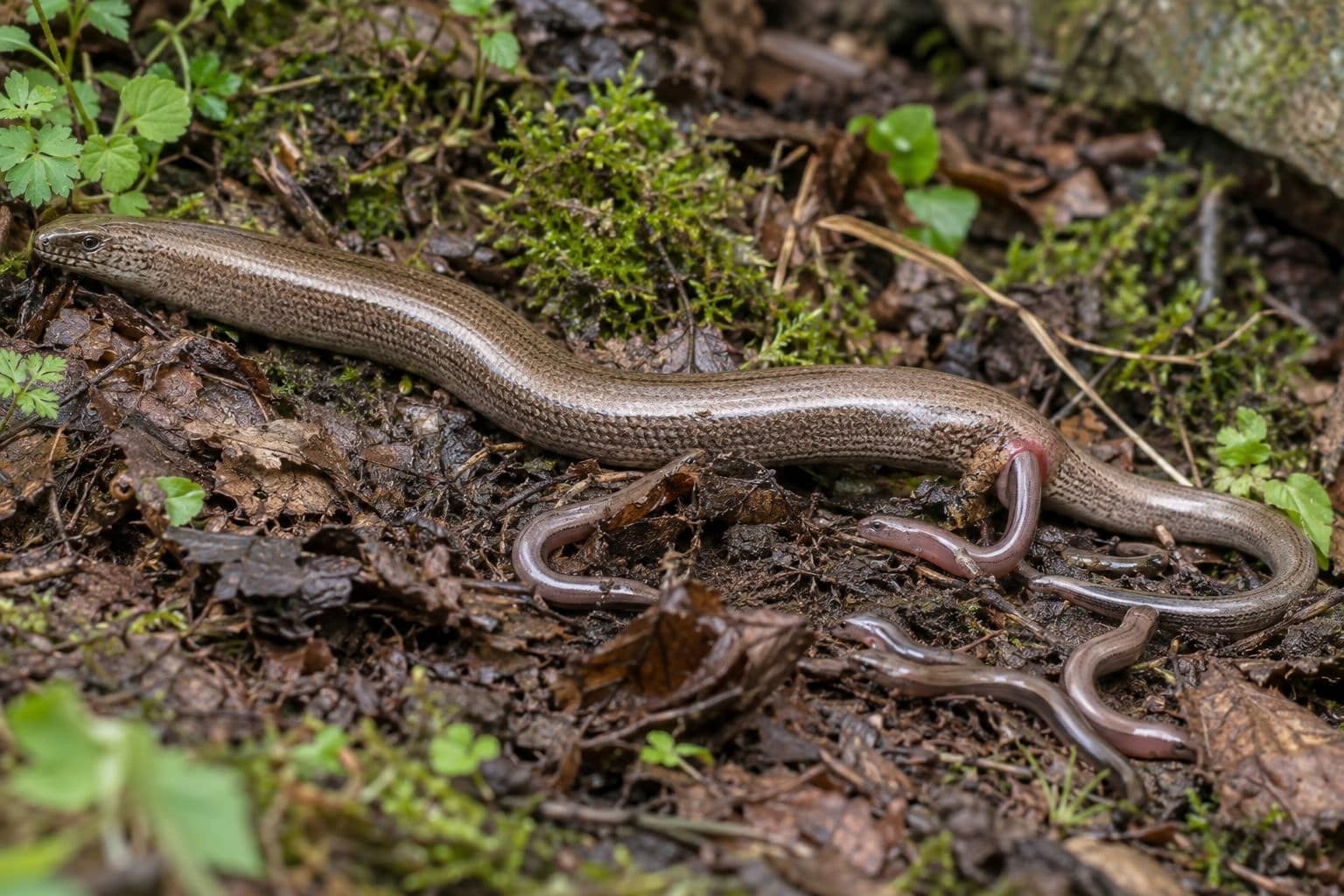 Orvet femelle en train de donner naissance à ses jeunes