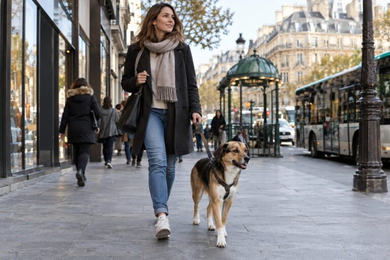Un chien de taille moyenne accompagnant son propriétaire dans une rue urbaine animée avec transports et commerces en arrière-plan