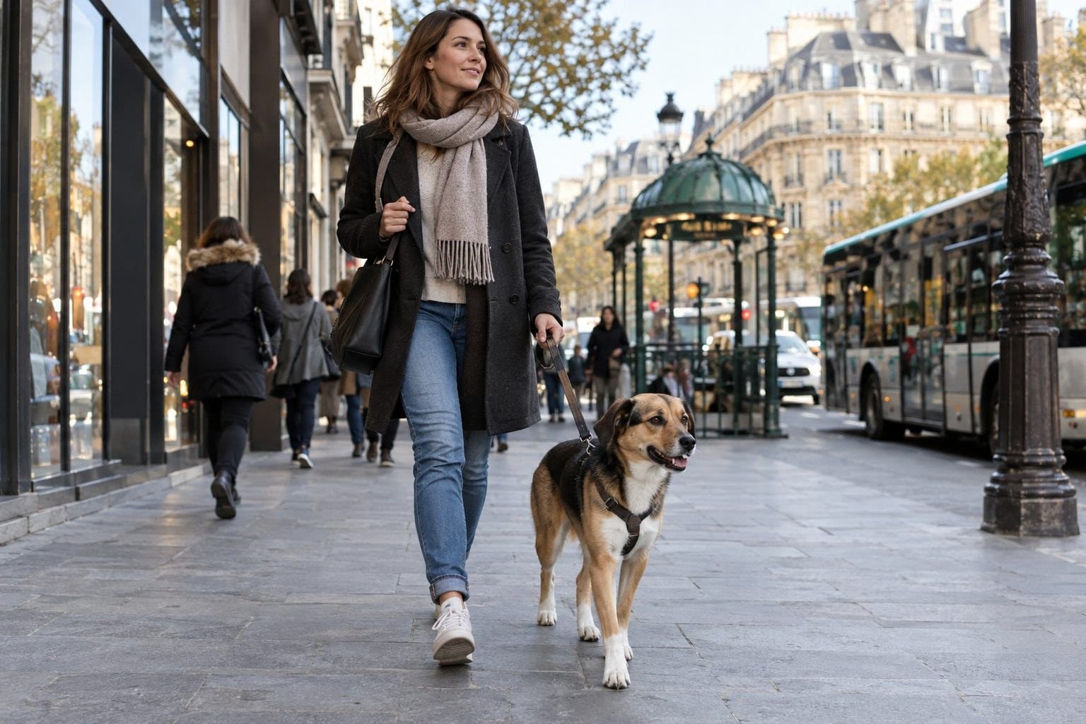 Un chien de taille moyenne accompagnant son propriétaire dans une rue urbaine animée avec transports et commerces en arrière-plan