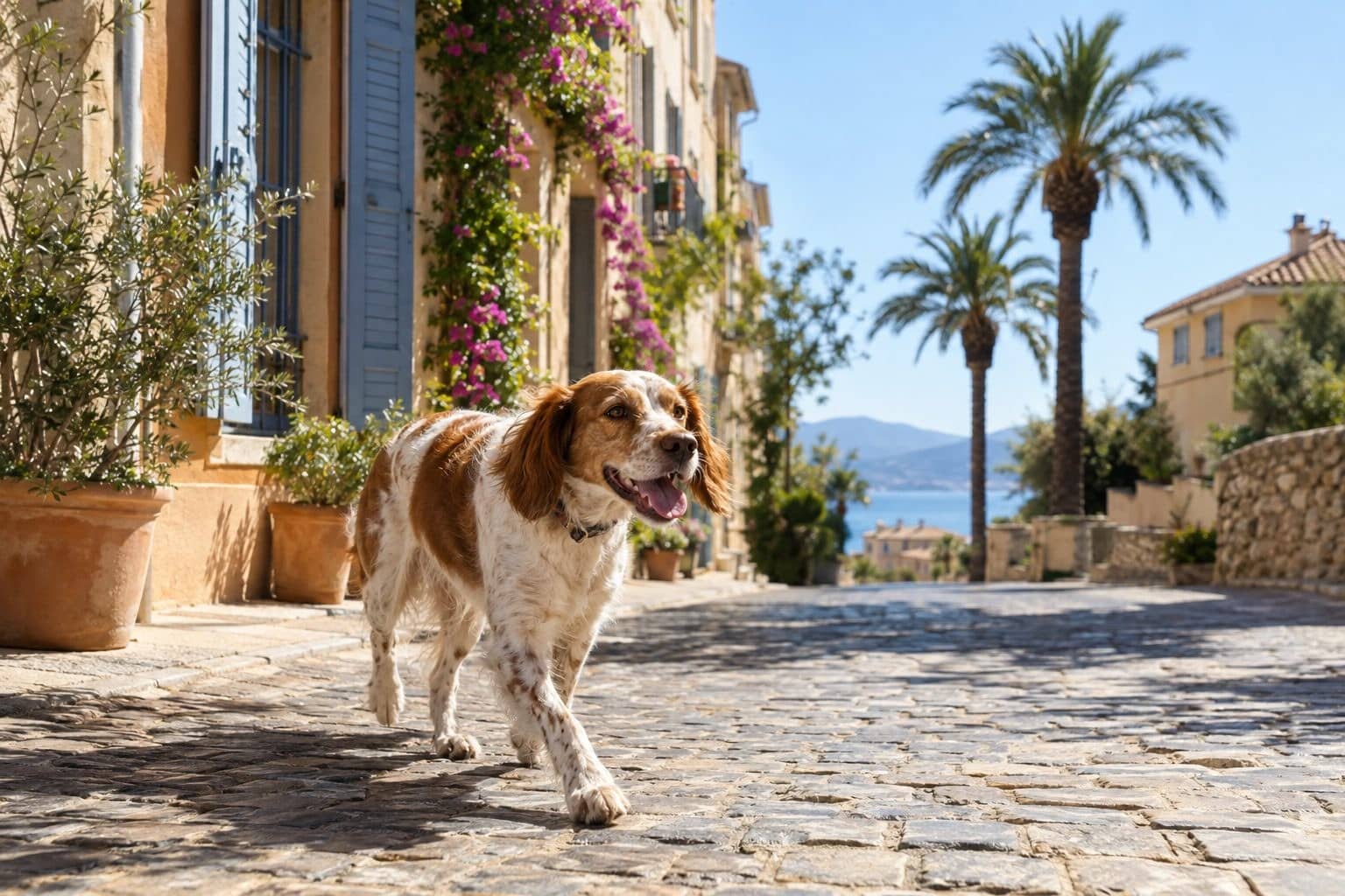 Un chien heureux en promenade dans les rues ensoleillées de Toulon, avec architecture méditerranéenne en arrière-plan